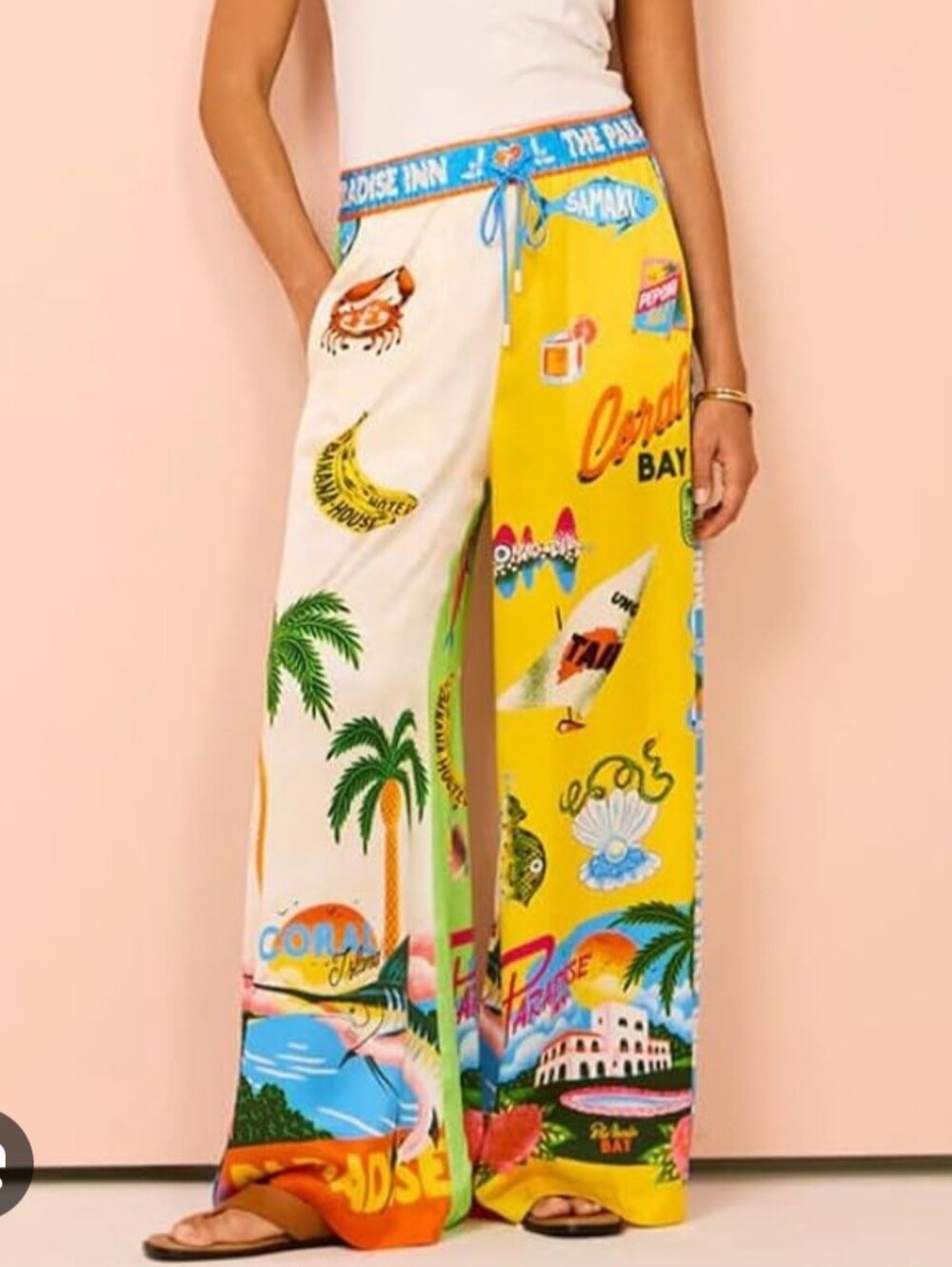 Tropical Graphic Wide-Leg Lounge Pants - Yellow & Cream Size M.